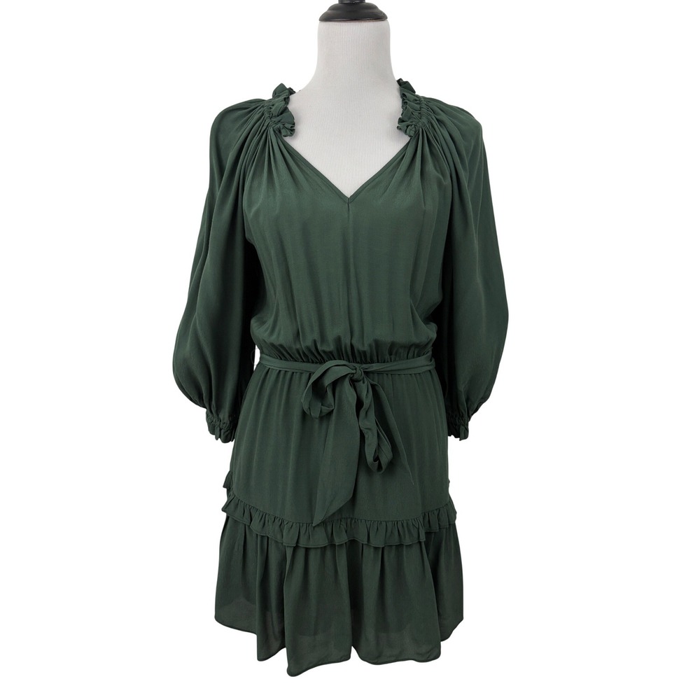 Gilner Farrar Mel Mini Dress Size XS Forest Green Ruffle V-Neck Balloon Sleeve